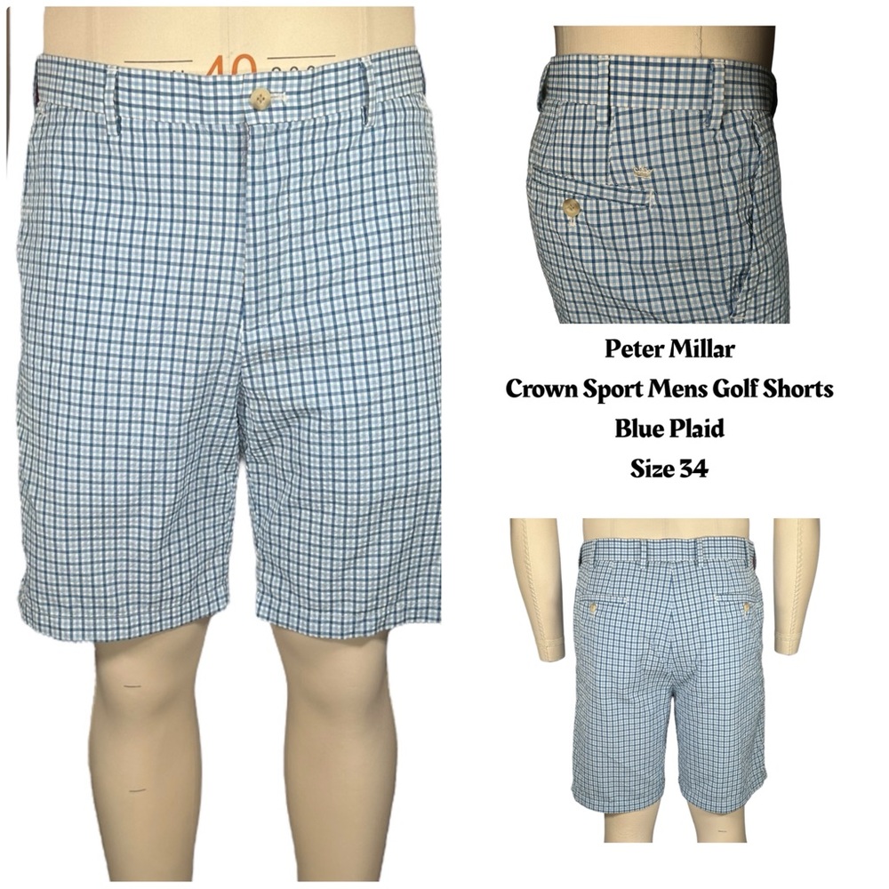 Peter Millar Crown Sport Lightweight Performance Seersucker Shorts Plaid Blue 34